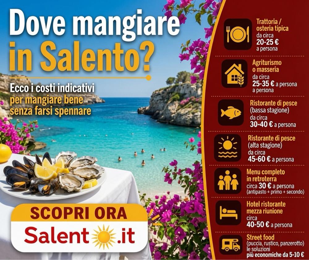 Testo Alternativo (Alt Text): Infografica sui costi indicativi per mangiare in Salento: trattorie, agriturismi, ristoranti di pesce, street food e menu tipici nel retroterra.