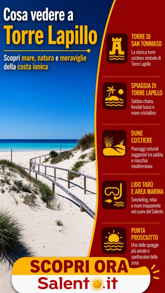 Infografica sulle spiagge e attrazioni di Torre Lapillo in Puglia: passerella in legno sulle dune costiere, Torre di San Tommaso, Lido Tabù e Punta Prosciutto.