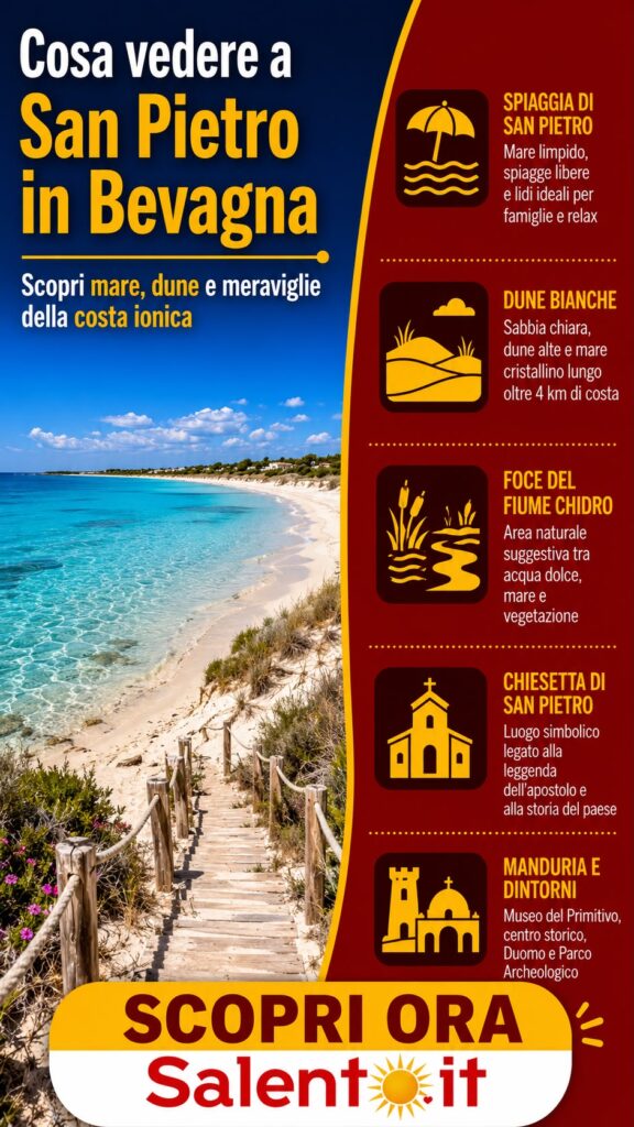 Infografica turistica di San Pietro in Bevagna sulla costa ionica pugliese: spiaggia libera, dune bianche, foce del fiume Chidro, Chiesetta di San Pietro e Manduria.