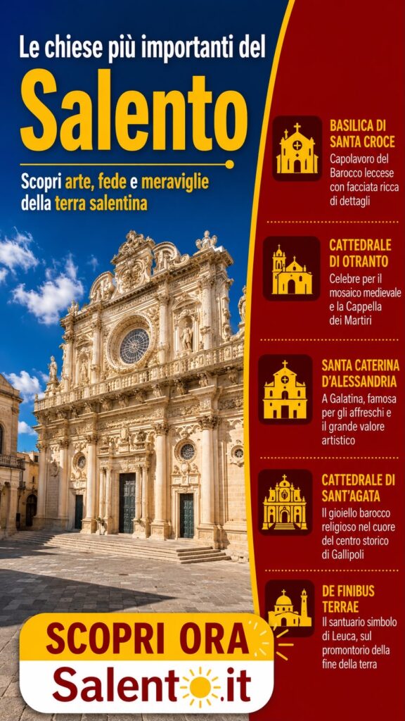 Guida alle chiese più importanti del Salento: Basilica di Santa Croce a Lecce, Cattedrale di Otranto, Santa Caterina a Galatina, Cattedrale di Gallipoli e Santuario di Leuca.