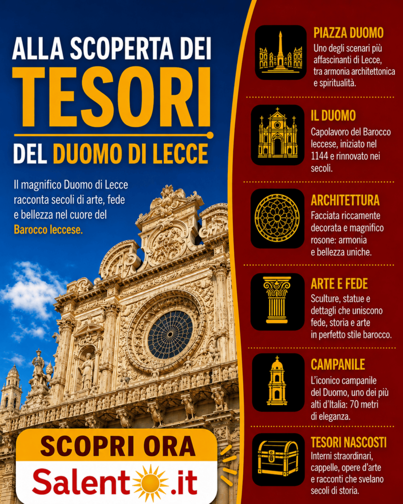 Infografica sui tesori del Duomo di Lecce: architettura della facciata, rosone, campanile di 70 metri, piazza ed elementi d'arte sacra barocca.