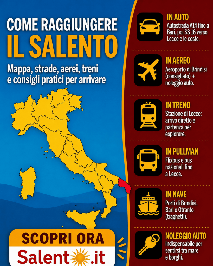Infografica sui mezzi di trasporto per arrivare in Salento: indicazioni per auto via A14 e SS16, aeroporto di Brindisi, stazione di Lecce, pullman, traghetti e noleggio auto.