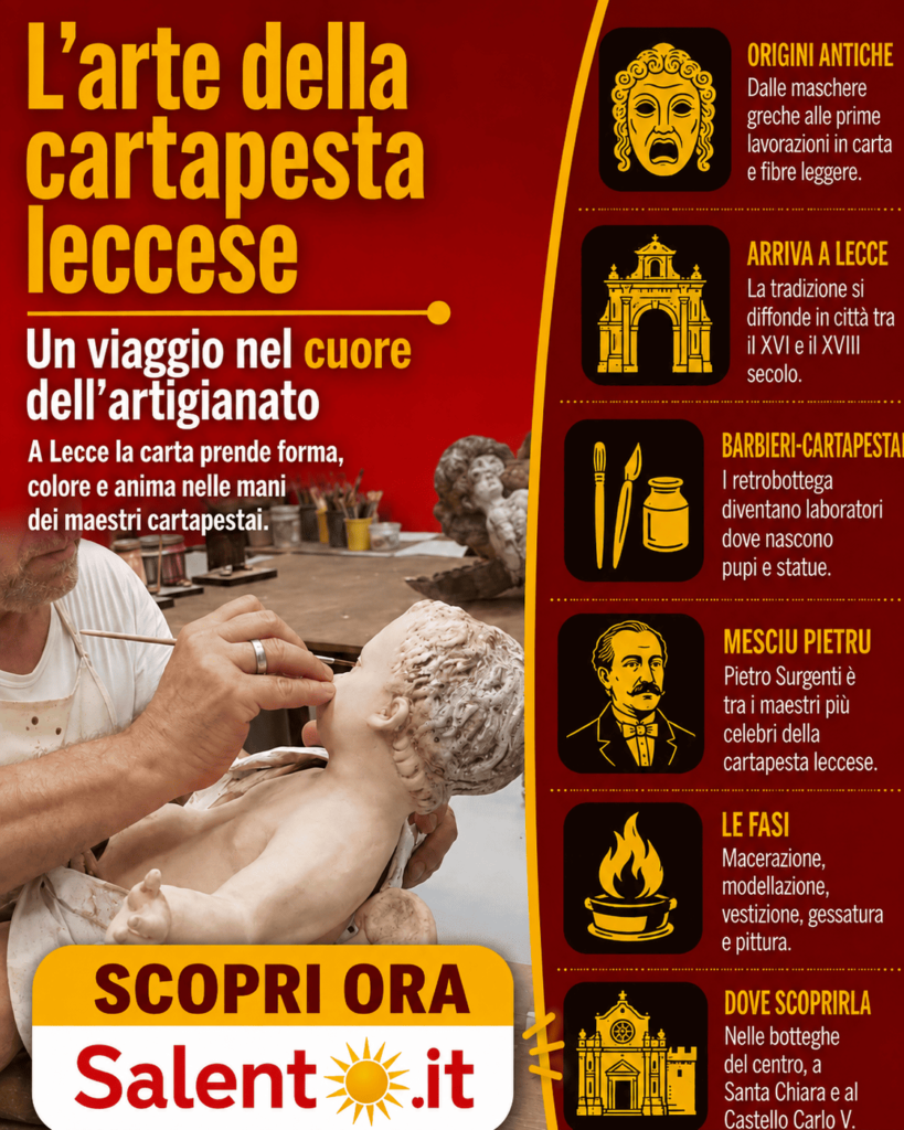 Infografica sull'arte della cartapesta leccese: origini antiche, storia dei maestri cartapestai, fasi di lavorazione e botteghe storiche a Lecce.